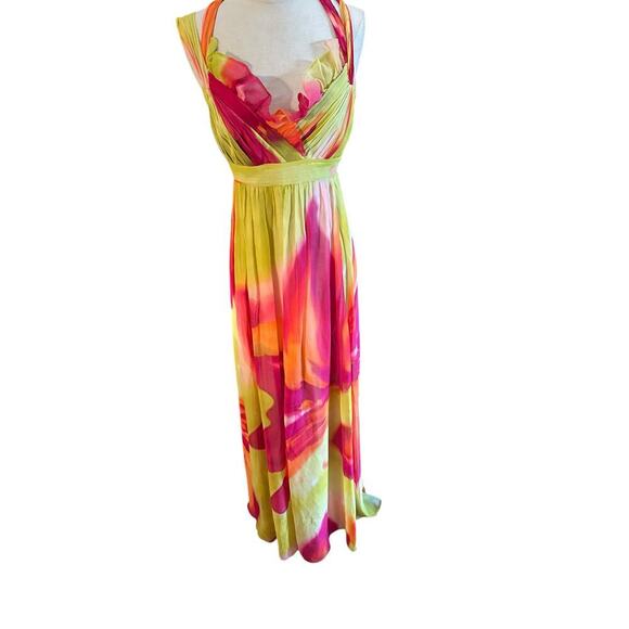 BCBGMAXAZRIA Lime 100% Silk Chiffon Pleated Top Maxi Dress Size 12 - Picture 5 of 8